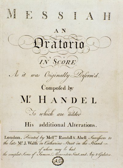 Frontispice partitury „Mesiáš“ (The Messiah) naturalizovaného anglického německého skladatele George Fredericka Händela (Georg Friedrich Handel od Unknown artist