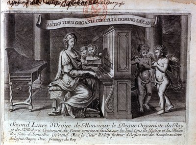 Frontispice druhé varhanní knihy pana Nicolase Lebègue. Francouzský skladatel 1631 až 1702. Varhaník sloužící Ludvíku XIV. Paris BNF od Unknown artist