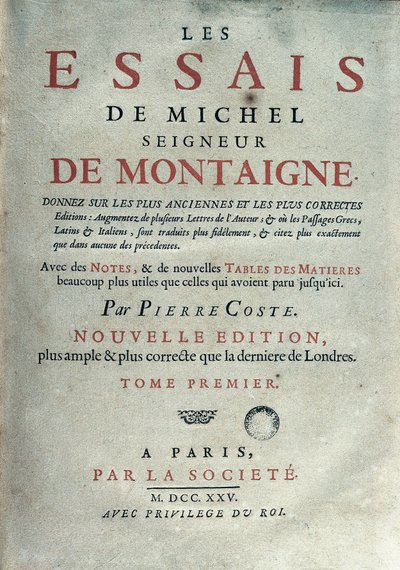 Frontispis "" Les essays "" francouzského spisovatele a humanisty Michela de Montaigne (1533-1592). 1725 v Barceloně. Biblioteca de Catalunya od Unknown artist