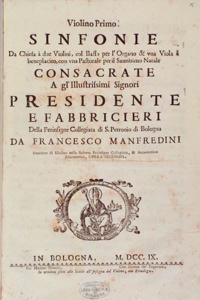 Frontispis partitury ze Sinfonia da chiesa a dvoje housle od Francesca Manfrediniho od Unknown artist