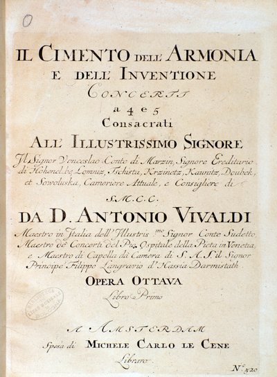 Frontispis partitury houslí na koncertě V v Zkouška harmonie a vynálezu italského skladatele Antonia Vivaldiho od Unknown artist