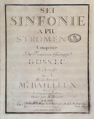 Frontispis partitury pro Sei sinfonie a piu strumenti op. 5 (první symfonie) Francoise Josepha Gossece od Unknown artist