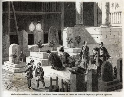 Pohřební obřady: hrobka, kde je uložena pohřební urna. Rytina k ilustraci plavby do Japonska v letech 1863-1864 od Aime Humberta, ministra Švýcarské konfederace, v „Le tour du monde, nouveau journal des voyages“, vydaném pod vedením od Unknown artist