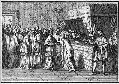 Pohřeb papeže v 18. století: uznání těla mrtvého papeže. Rytina v „Histoire des religions““. od Unknown artist