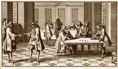 Herna v 18. století – rytina Sebastiena Le Clerca v „Essay d’analyse sur les jeux de chance“ od Pierra Remonda de Montmort 1708 – od Unknown artist