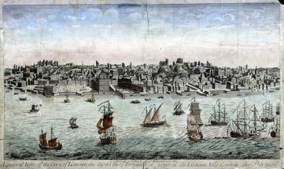 Celkový pohled na Lisabon, hlavní město Portugalska - rytina od Unknown artist