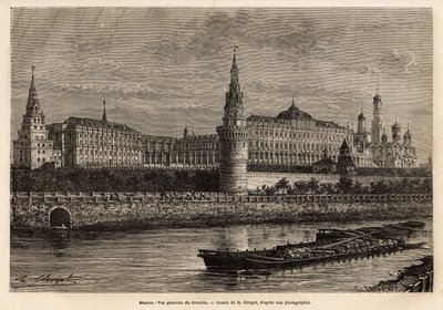 Celkový pohled na Kreml, geografické centrum Moskvy a politické centrum Ruska, čtvrť vybudovaná ve 14. století byla vždy rozšiřována a obnovována po celé historické peripetie země. Rytina pro ilustraci La Rus od Unknown artist