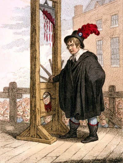 George Tierney oblečený jako kat stojící vedle gilotiny. od Unknown artist