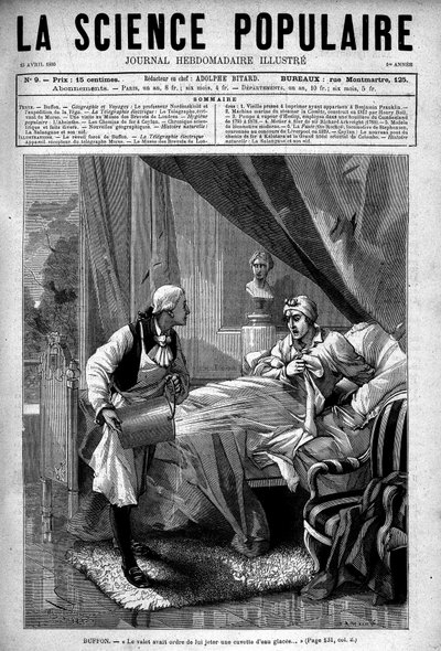 Georges Louis Leclerc Buffon ve své posteli a údolí na něj házelo vědro ledové vody. V „Populární vědě“, 15. dubna od Unknown artist