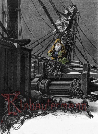 Germánská mytologie: zobrazení Klabautermanna na palubě člunu, elfího ochránce lodí na moři. Rytina 19. století od Unknown artist