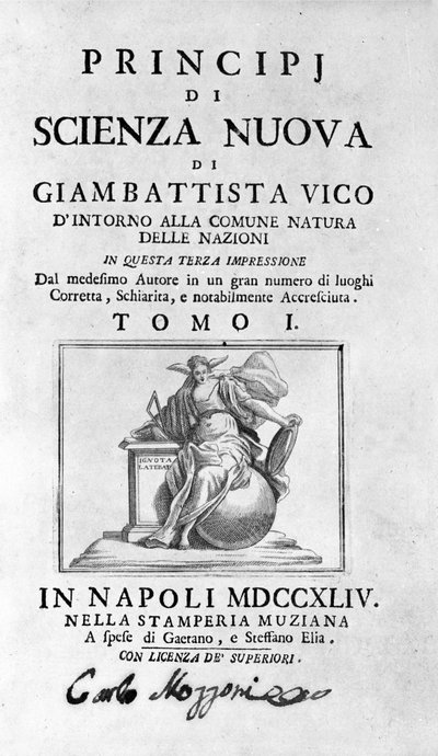 Giambattista Vico. Také nazývaný Giovanni, Gian Battista, Jean Baptiste nebo Jean-Baptiste. Frontispice "" Nová věda "" od Unknown artist