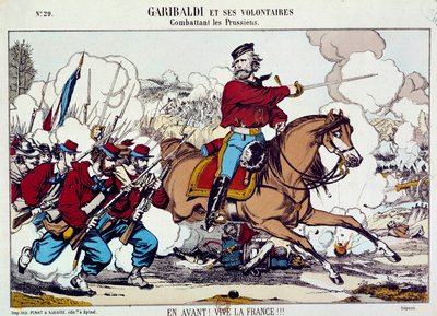 Giuseppe Garibaldi (1807-1882) bojující se svými dobrovolníky proti Prusům. „Vpřed, ať žije Francie“ Kolem roku 1871. Rytina B.N. Paříž od Unknown artist