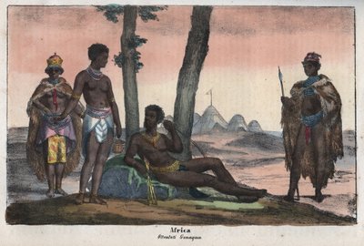 Gonqui Hottentots z Cape - rytina z „“ Zvyků a tradic všech národů vesmíru. Tedy Dějiny vlády, zákonů, milicí, náboženství všech národů od nejvzdálenějších dob až po současnost „1856 od Unknown artist