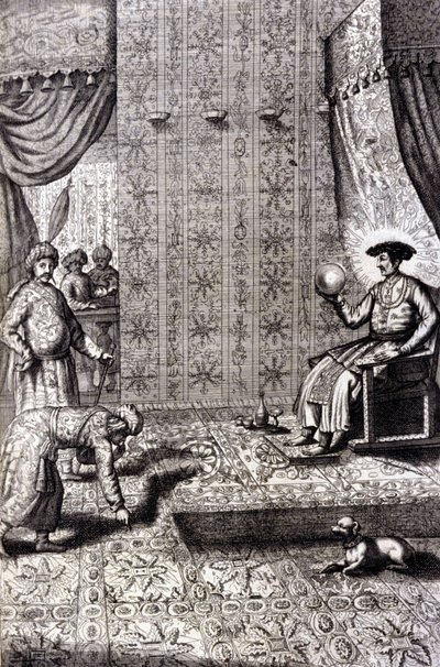 Grand Moghol (Mogol nebo Moghul) (pravděpodobně Aurangzeb (1618-1707), také známý jako Alamgir): trůnní sál. „De China Monumenta“ od Athanasius Kircher (1601 - 1680), jezuita, orientalista a germanista, Amsterdam 1667. od Unknown artist