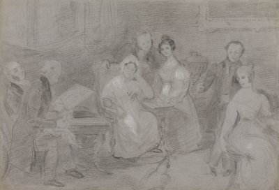 Skupina postav s mužem malujícím akvarely a dívkou podávající šálky čaje od Unknown artist