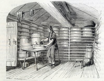 Sýrový obchod Gruyère ve švýcarské chatě (mytí crut) - v „Zázracích průmyslu““ od Louise Figuiera od Unknown artist