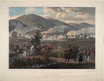 Guerres napoleoniennes : la bataille de Kulm (actuelle Chlumec) en Boheme (Republique Tcheque) le 30/08/1813 - Ruský pluk záchranářů v bitvě u Kulmu dne 29. srpna 1813 - Anonym - cca 1813 - 59,75 barevná litografie - - Soukromá sbírka od Unknown artist