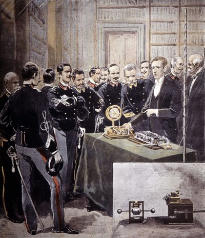 Guglielmo Marconi představil bezdrátový telegraf (TSF) na konferenci na ministerstvu námořnictva v roce 1897. od Unknown artist