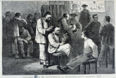 Kadeřnictví v čínské komunitě Kalifornie - rytina od Unknown artist
