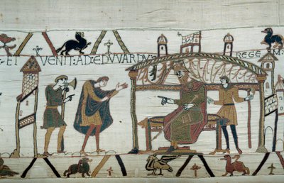 Harold, který se vrátil do Anglie, po svém velvyslanectví u vévody Viléma Dobyvatele (1027-1087), recitoval svou cestu králi Edwardu Vyznavači Detail tapiserie z Bayeux nebo výšivky královny Mathildy od Unknown artist