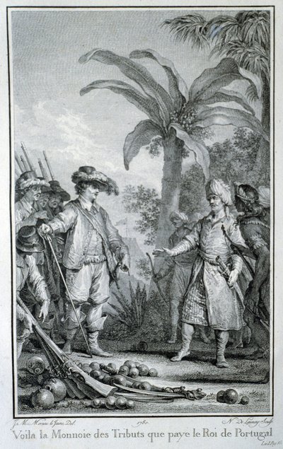 Zde je měna tributů, které portugalský král platí: portugalský obchod v koloniích – ve „Filozofické a politické historii evropských zřízení a obchodu ve dvou Indii“, od Guillauma Thomase Raynala, ed. Lopata od Unknown artist