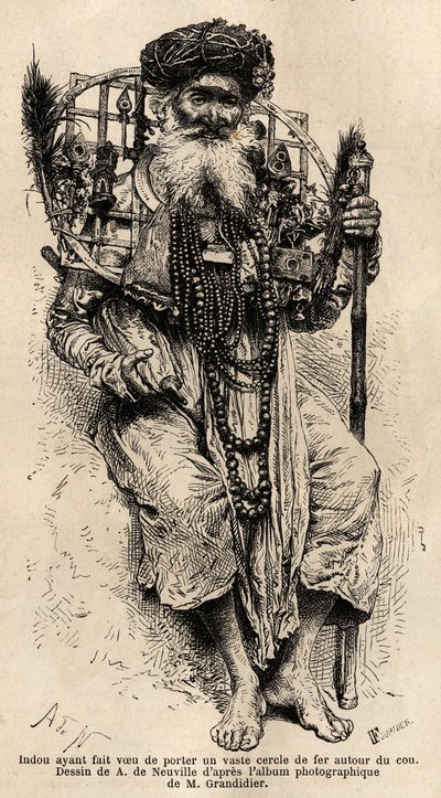 Hindu přísahal, že bude mít na krku velký železný kruh. Rytina pro ilustraci plavby v poledníkových provinciích Indie od Alfreda Grandidiera v letech 1862-1864, publikovaná v „” le tour du monde””, pod vedením D