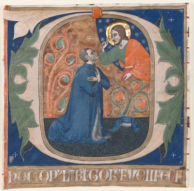 Historická iniciála (O) vyňatá z antifonáře: Dárce, Gorus Fucci, klečí před Kristem od Unknown artist