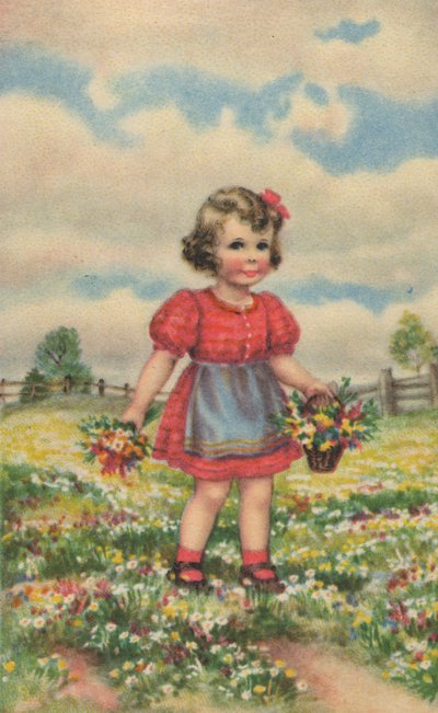 Historická pohlednice s šťastnou dívkou na louce, přání od Unknown artist