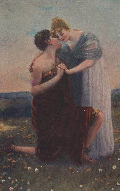 Historické přání s historickým motivem, žena a válečník středověku od Unknown artist