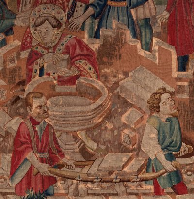 Historie Saint Piat a Saint Eleuthère, scéna 5, detail.Mid. Světec, zedníci a křtitelnice. od Unknown artist