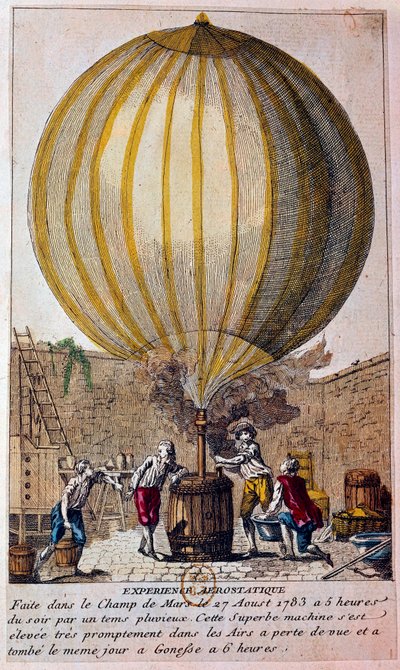 Historie balónů: aerostatické zkušenosti provedené na Champ de Mars v Paříži dne 27. 8. 1783: balón je naplněn vodíkovým plynem Jacquesem Charlesem (1746-1823). Rytina Paříže 18. století, B.N. od Unknown artist