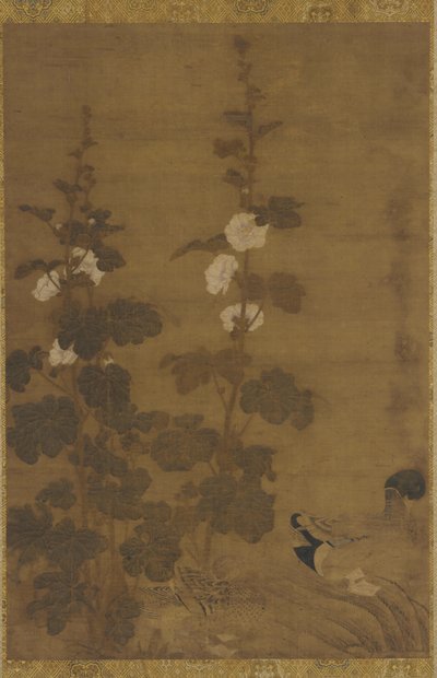 Hollyhocks a kachny od Unknown artist