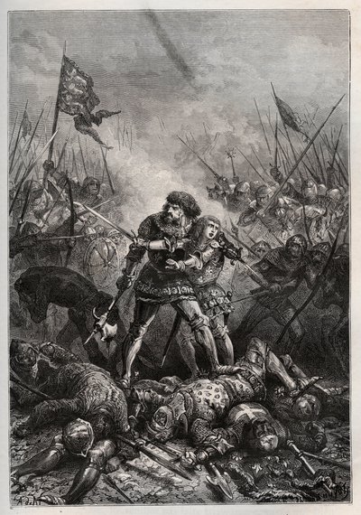 Stoletá válka: Francouzský král Jan II. Dobrý a jeho syn Filip II. Burgundský (1342-1404), známý jako „Philippe le Hardi“, bojující proti Angličanům v bitvě u Poitiers dne 19.09.1356 (král Francie Jan II Francouzský (1319-1364) a jeho syn Filip od Unknown artist