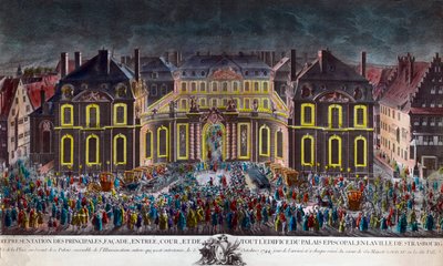Iluminace biskupského paláce města Štrasburku při oslavách pořádaných městem během pobytu krále Ludvíka XV. (1710-1774) v rekonvalescenci po těžké nemoci dne 5. 10. 1744. Period Print Private Collection od Unknown artist