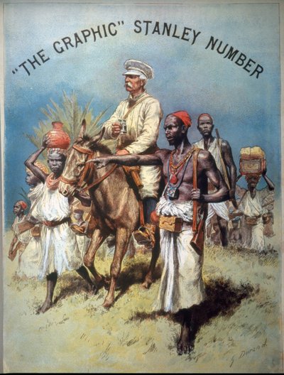 Ilustrace zobrazující průzkumníka a novináře Henryho Mortona Stanleyho (1841-1904) během jedné z jeho expedic. Chromolitografie. od Unknown artist
