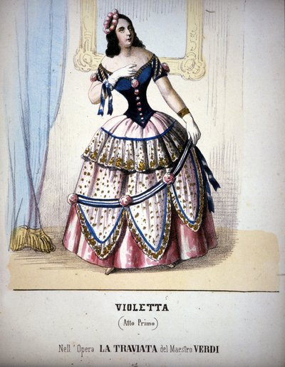 Ilustrace postavy Violetty Valéry ve hře Giuseppe Verdiho „Traviata“. Rytina 19. století. od Unknown artist