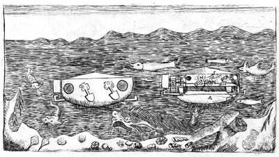 Ilustrace konce 18. století o tom, jak se plavit pod vodou v "" Nové pojednání o skutečné rektifikaci kružnice měřené přesně s průměrem, užitečné pro trigonometrii ... S pojednáním o tom, jak se plavit pod vodou, v od Unknown artist