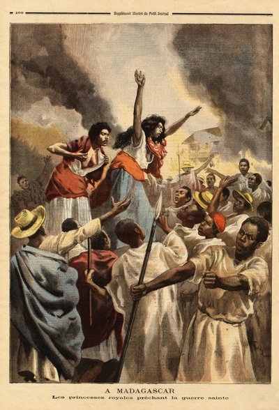 Na Madagaskaru káže královská princezna (královnina sestra a teta) svatou válku proti Francii. Rytina v „“ Le petit journal“ 9/09/1894. Selva sbírka. od Unknown artist