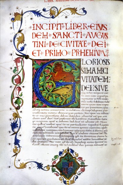 Incipit rukopisu "De civitate Dei" od svatého Augustina. Rukopis 15. století. Milan, Bibl, Trivulziana. od Unknown artist