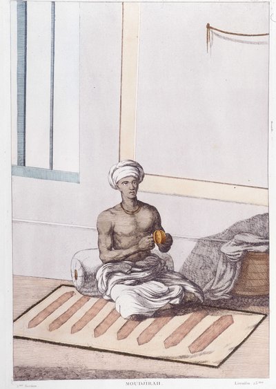 Indická kultura, civilizace a společnost: hudebník s tradičními indickými perkusemi. Rytina z roku 1808. od Unknown artist