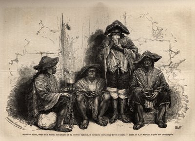 Indiáni z Cuzca (Peru), vetus manty, sandály a tradiční sombrero, zaměstnaní jako dělníci při těžbě guánových ložisek na ostrovech Chincha, pijí šíšu, ale fermentovanou brandy. Rytina k ilustraci Les iles Chincha, rect L.Simo od Unknown artist