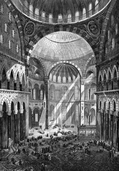 Vnitřní pohled na mešitu svaté Sofie (Hagia Sophia) (byzantské umění 6. století) v Konstantinopoli v roce 1858. od Unknown artist