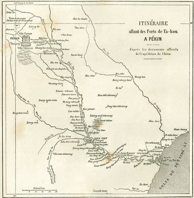 Trasa podél řeky Hai He poblíž Tien Tsin (Tien-Tsin, Tianjin) do Pekinu (Peking), Čína. Mapa v „“ Le Tour du Monde, New Journal of Travels “, editoval Edouard Charton, Paříž od Unknown artist