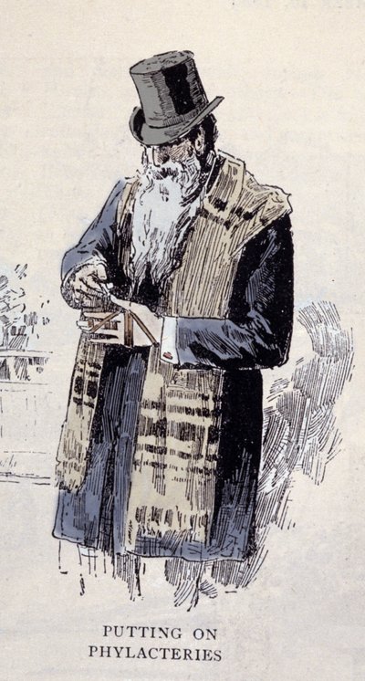 Židovské náboženství: starý židovský muž nosící modlitební limetku (Talit nebo Tzitzit), rytina z roku 1890 od Unknown artist