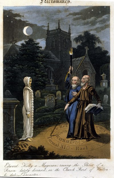 John Dee a Edward Kelly vyvolávají ducha. 1825. Bible. Morando, Milano od Unknown artist