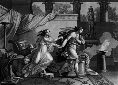 Joseph prchající před manželkou Putifara (Potifar) ve snaze svést litografii 19. století od Unknown artist