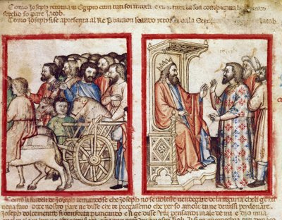 Josef nalevo na pohřeb svého otce, jde po faraonské miniaturě z kodexu 212 (nebo kodexu padovano nebo Bible z Padovy) 1390-1400 Rovigo, Accademia dei Concordi od Unknown artist