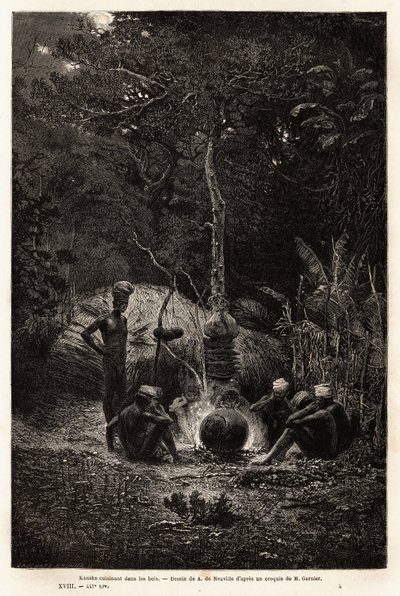 Kanaks vaří v lese, na území Pamale. Engravure pour illustrrer le voyage à la Nouvelle Caledonie, od Julese Garniera, stavebního inženýra dolů, v letech 1863-1866, publikovaná v „Le tour du monde, nouveau journal des voyages“, editoval Edouard C. od Unknown artist