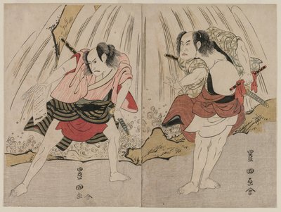Kataoka Nizaemon VII a Ichikawa Yaozo III v konfrontaci u vodopádu od Unknown artist