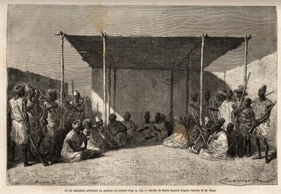 Král Ahmadou předsedající radě nebo paláci říše Toucouleur v Segou Sikoro (Mali), mudrci sedí a válečníci sedí, král drží v rukou muslimský růženec. Rytina pro ilustraci plavby do západního Súdánu poručíka (Navy) M od Unknown artist